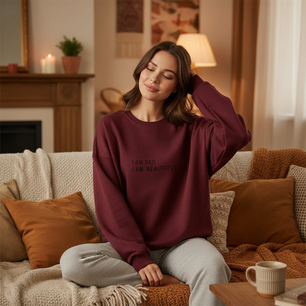 Sweatshirt för dam – “I AM BAD. I AM BEAUTIFUL.” (Loose Fit)