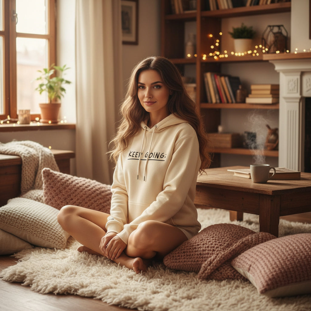 Långärmad hoodie för kvinnor – huvtröja med KEEP GOING tryck och fickor