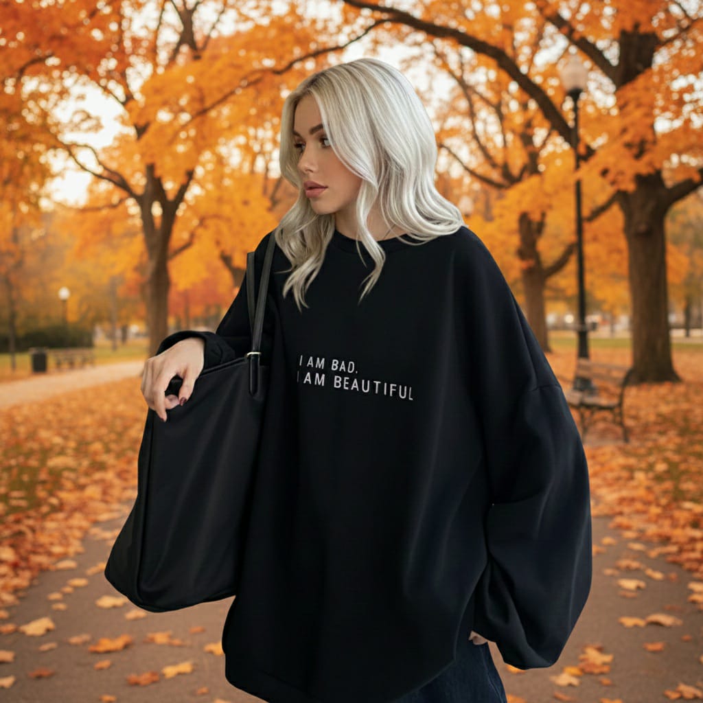 Sweatshirt för dam – “I AM BAD. I AM BEAUTIFUL.” (Loose Fit)
