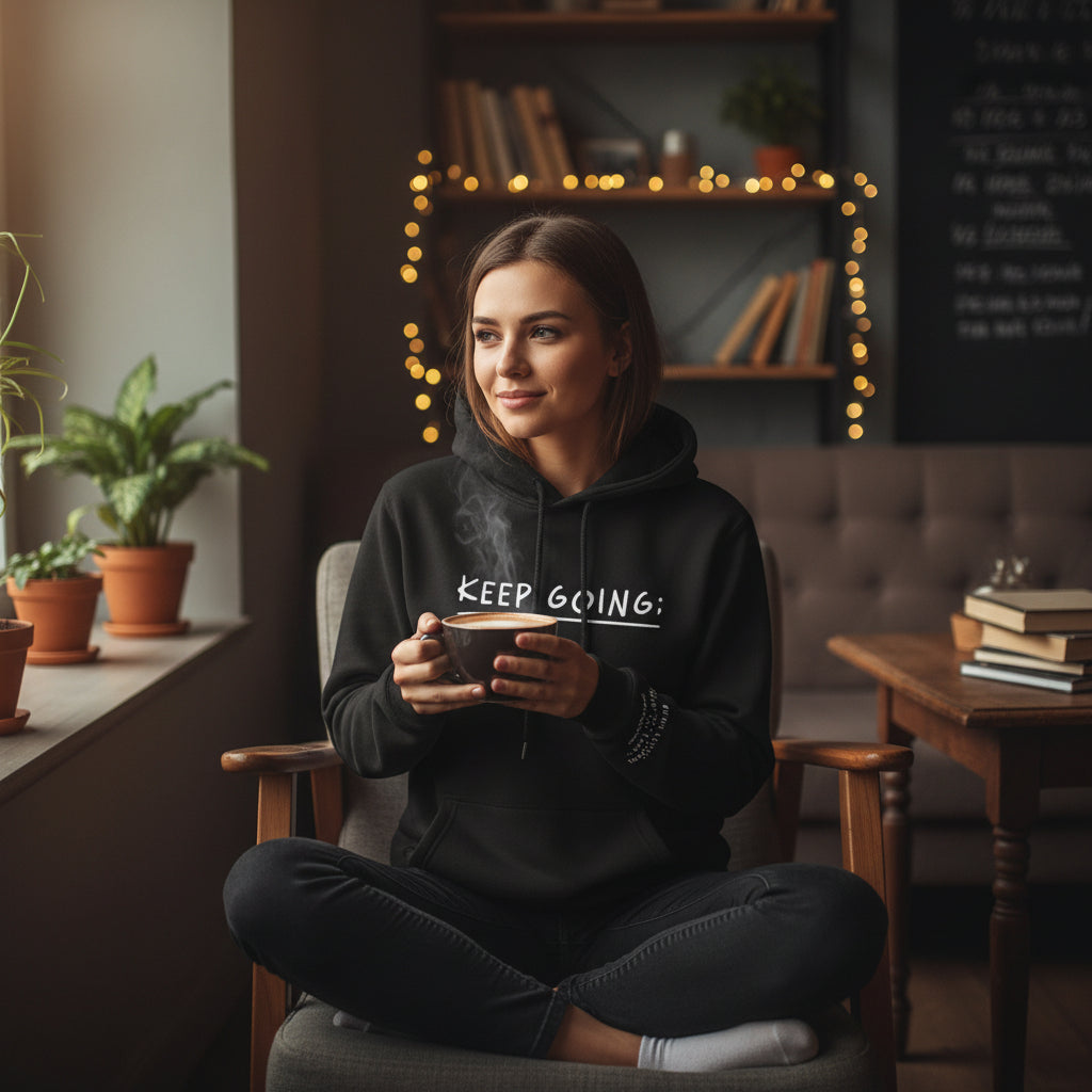 Långärmad hoodie för kvinnor – huvtröja med KEEP GOING tryck och fickor